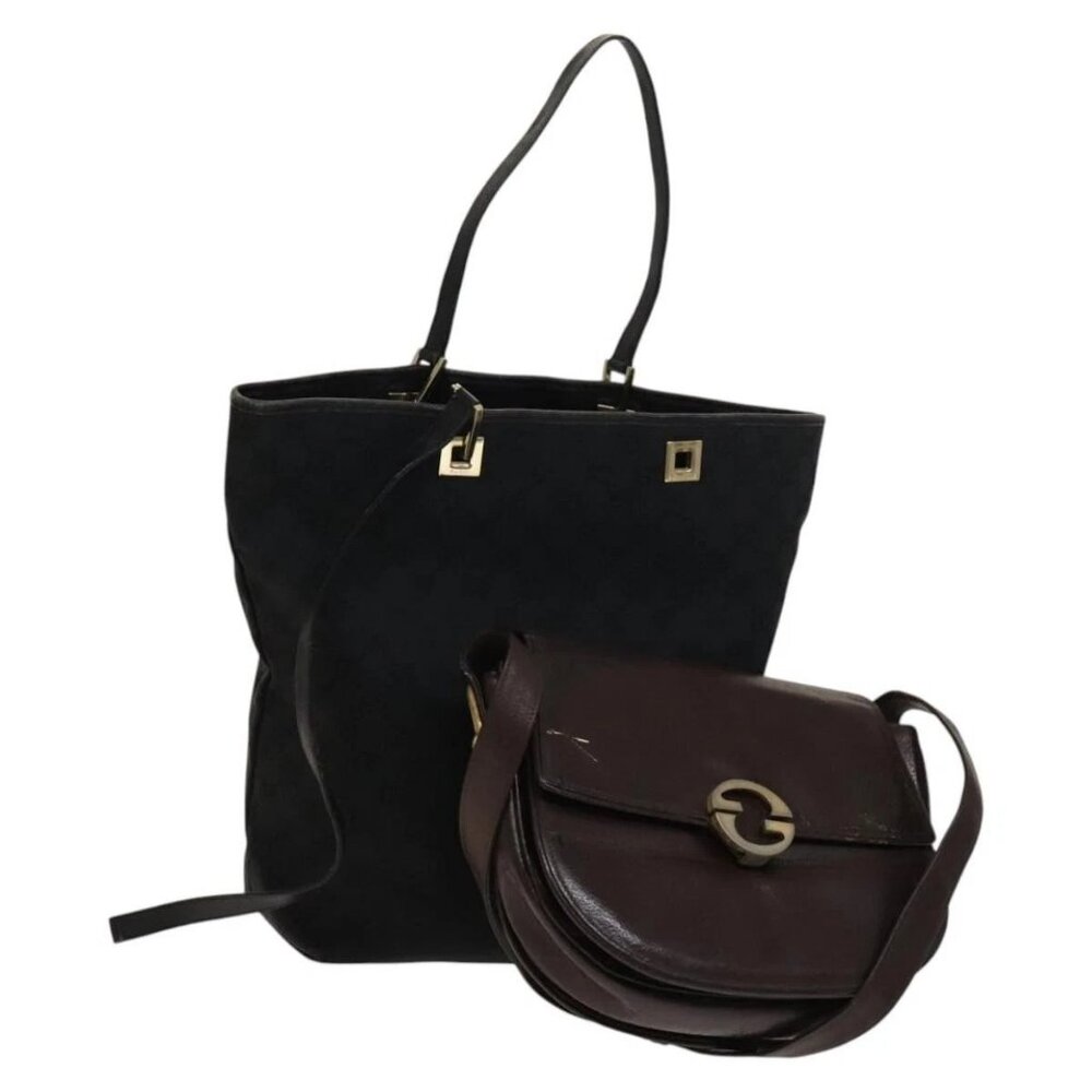 GUCCI GG Canvas Bag Leather 2Set Black Brown Auth 138508